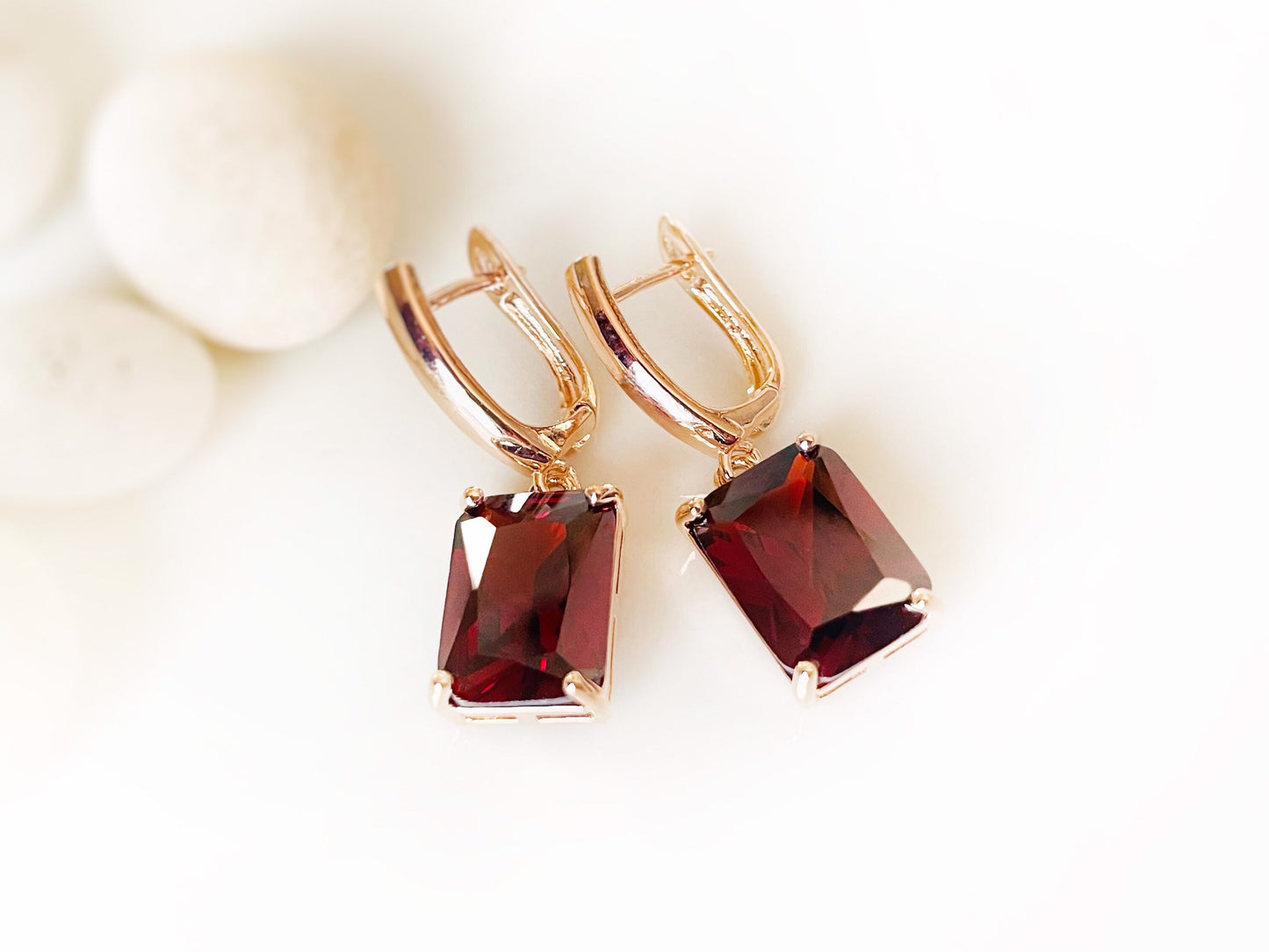 Large emerald cut garnet dangle earrings, January birthstone, red gemstone drop earrings, gift for mom, gift for her