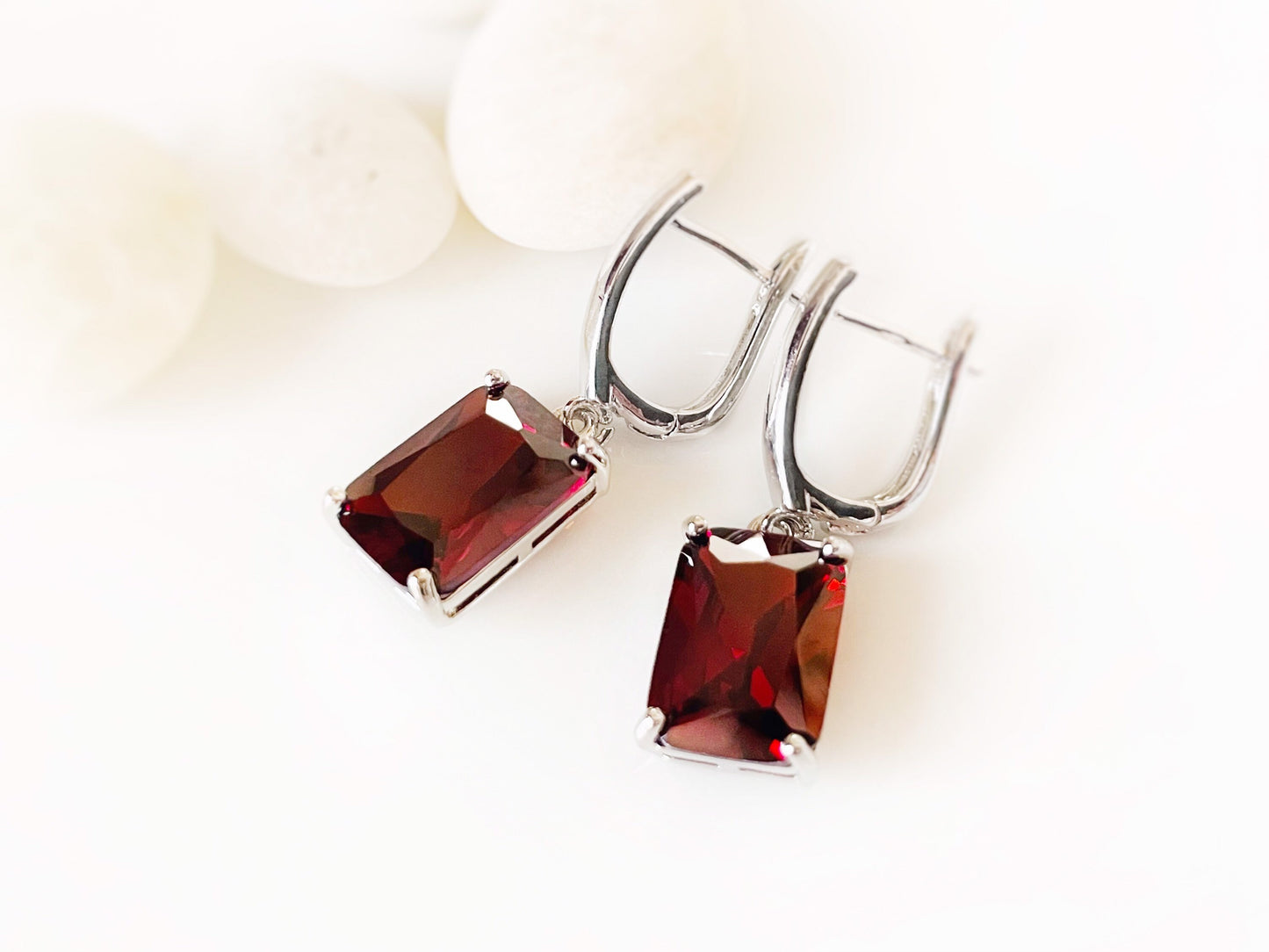 Large emerald cut garnet dangle earrings, January birthstone, red gemstone drop earrings, gift for mom, gift for her