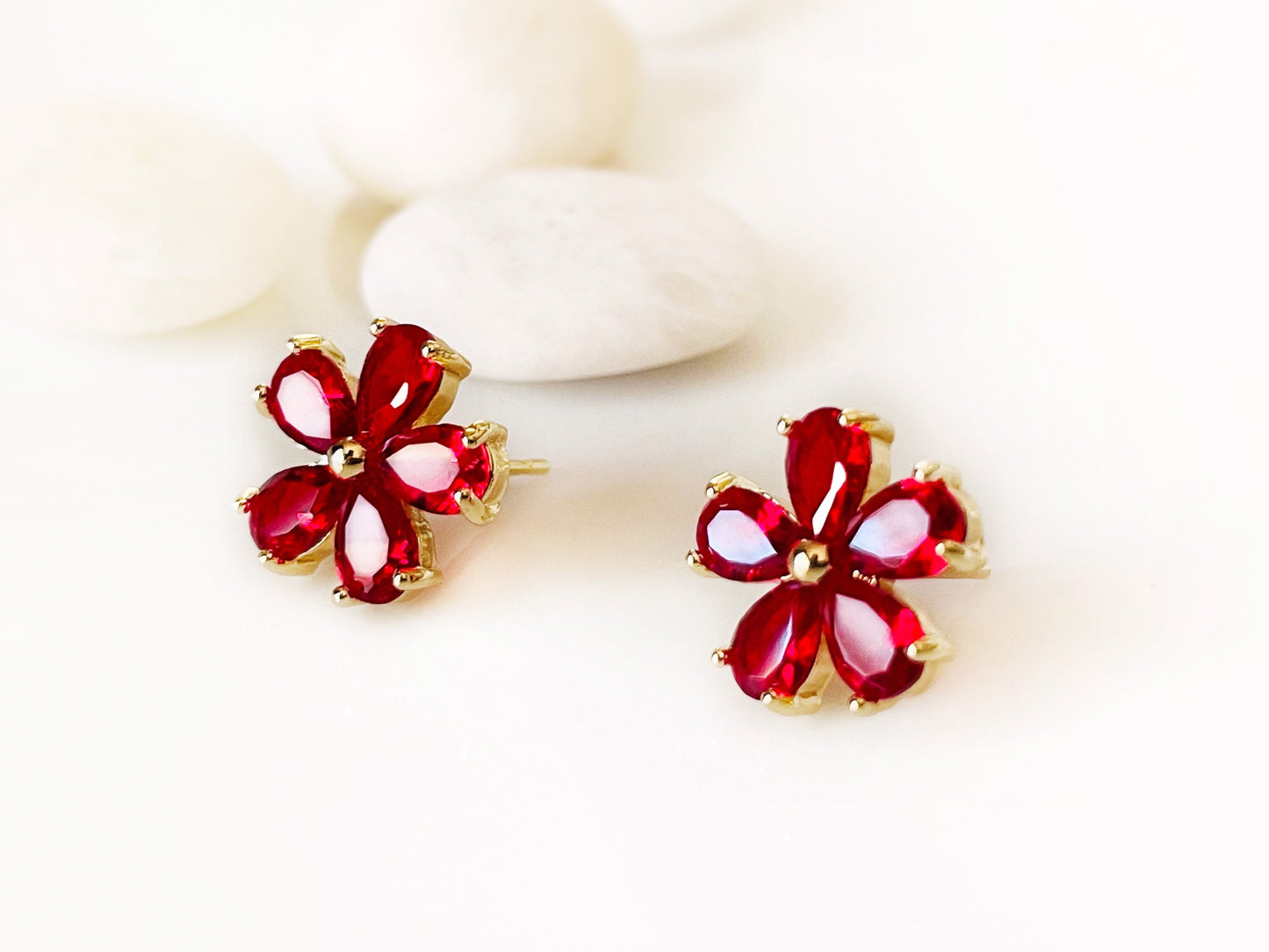 Ruby flower stud earrings, red gemstone flower earrings, bridal earrings, gift for her, gift for mom, July birthstone