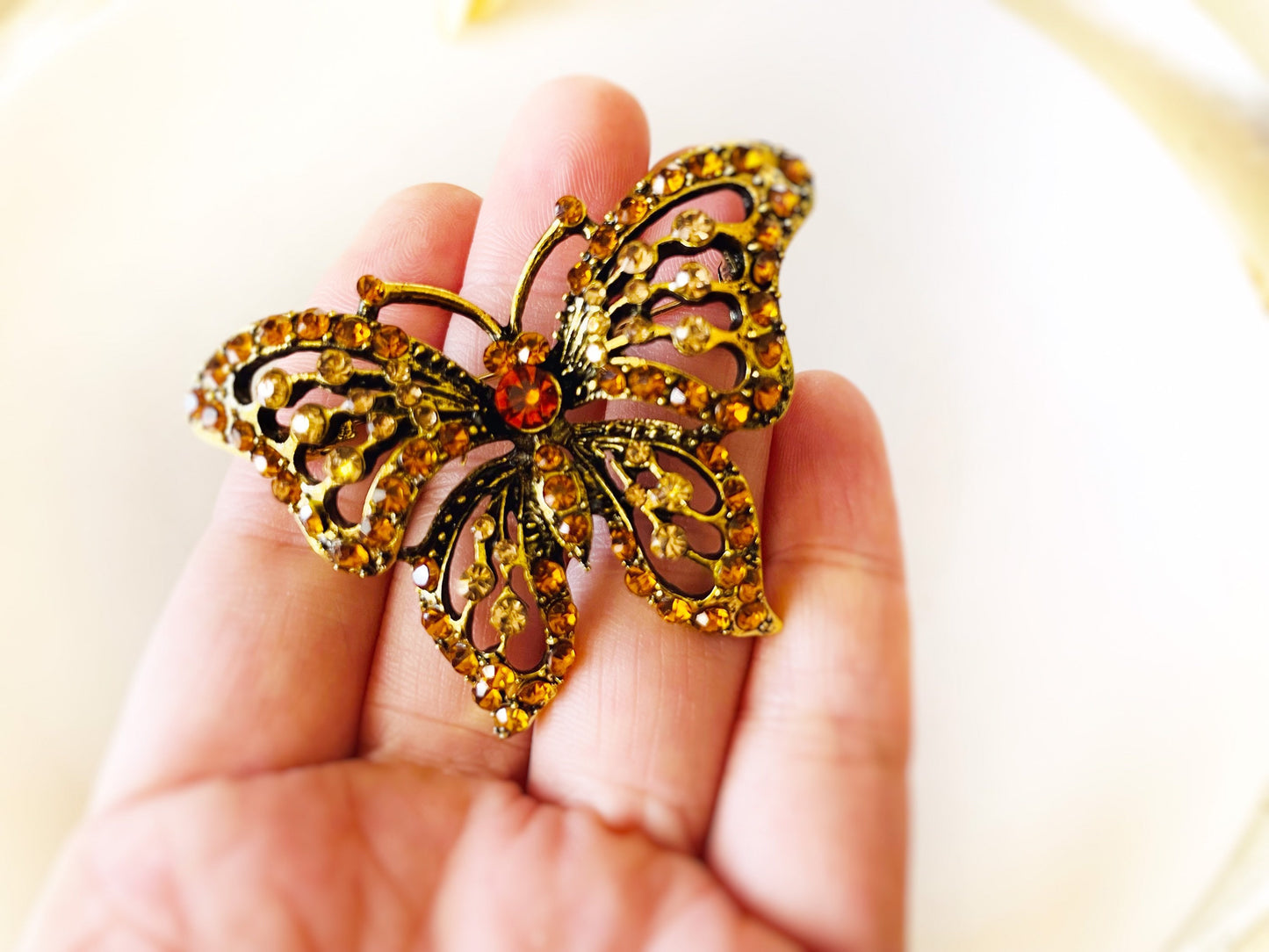 Topaz crystal Butterfly brooch antique gold, brown Crystal butterfly brooch pin, vintage inspired brooch, gift for mom