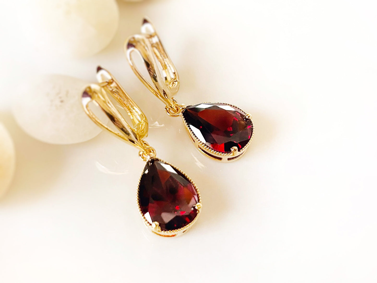 Garnet teardrop dangle earrings, large teardrop dark red gemstone earrings, gift for her, gift for mom, January birthday