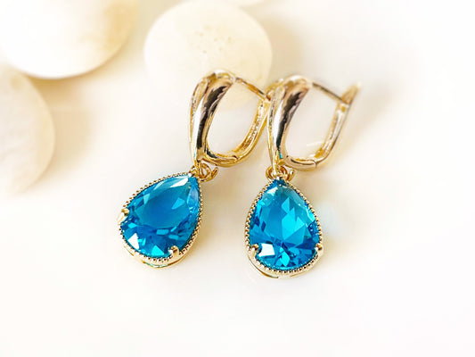 Blue topaz teardrop dangle earrings, December birthstones, blue gemstone earrings, gift for her, gift for mom, bridesmaids earrings