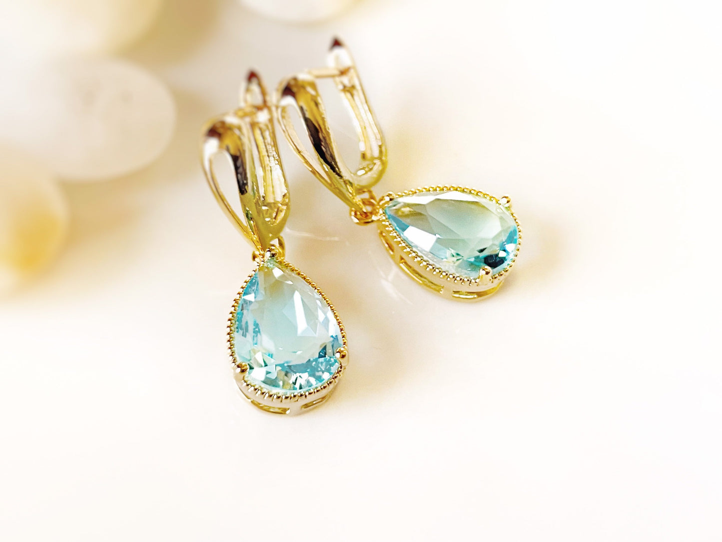 Aquamarine dangle earrings, large teardrop light blue gemstone earrings, gift for  mom, gift for her March birthstones, bridesmaids earrings