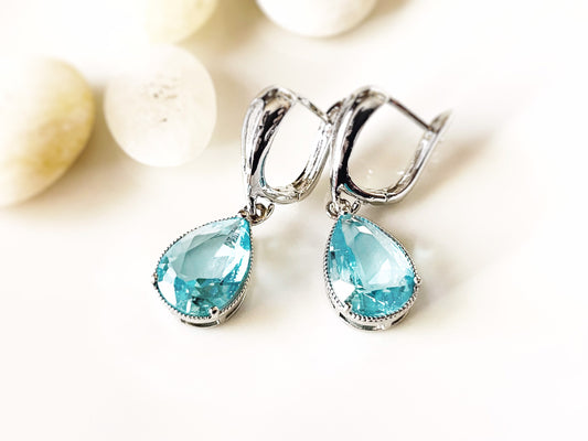 Aquamarine teardrop dangle earrings, March birthstones, light blue gemstone earrings, gift for  mom, bridesmaids earrings