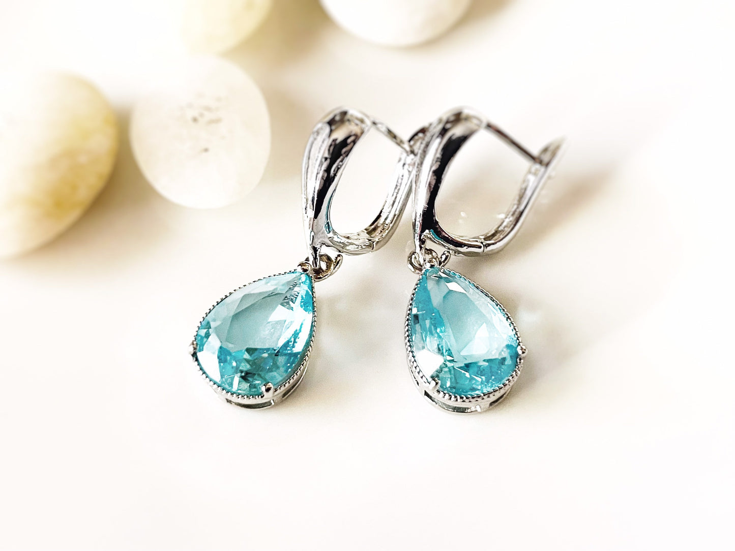 Aquamarine dangle earrings, large teardrop light blue gemstone earrings, gift for  mom, gift for her, March birthstone, bridesmaids earrings