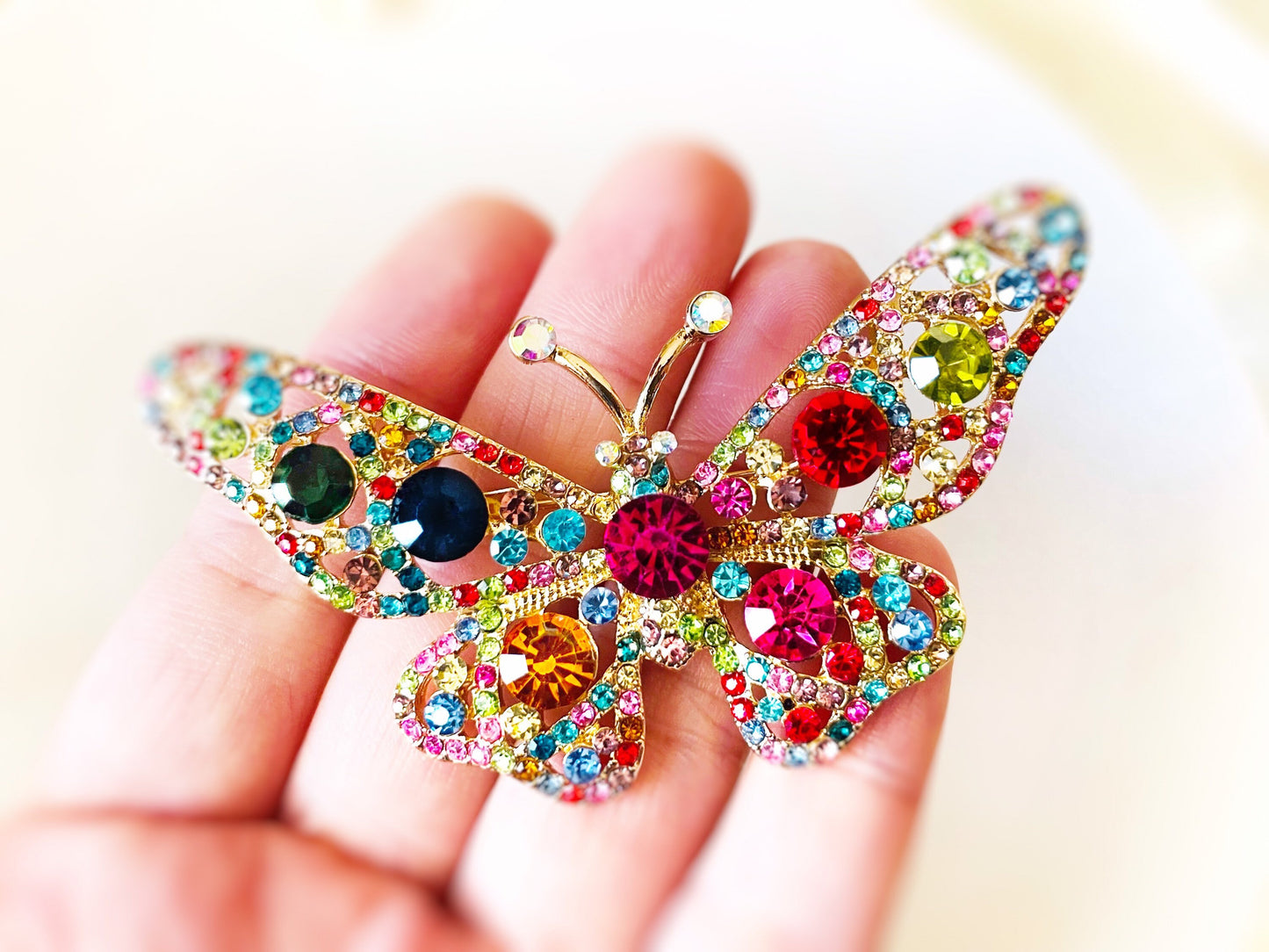 Large pink crystal butterfly brooch gold, pink white crystal statement butterfly brooch pin, gift for her, gift for mom
