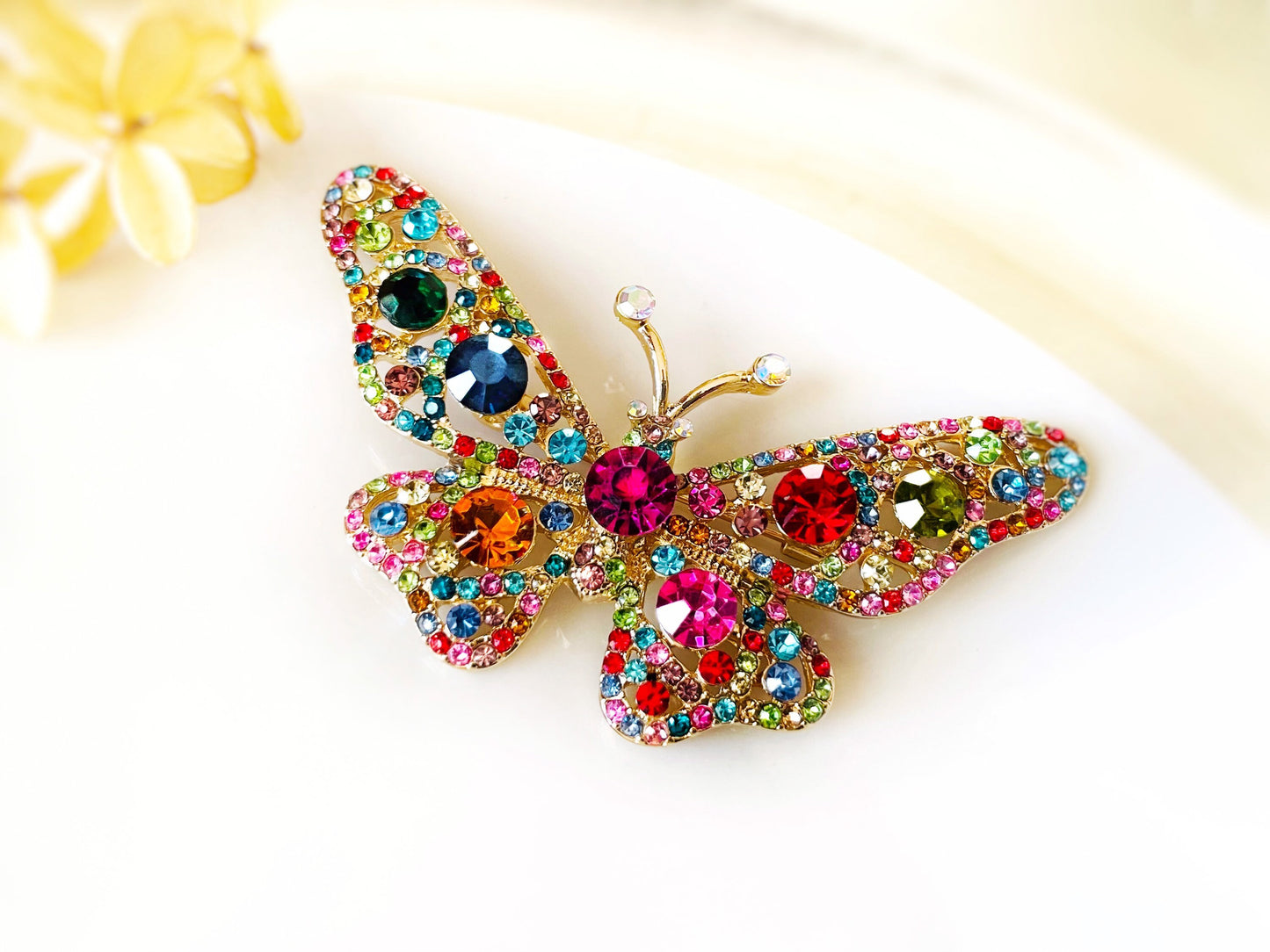 Large emerald crystal butterfly brooch gold, green white crystal butterfly pin, gift for her, gift for mom