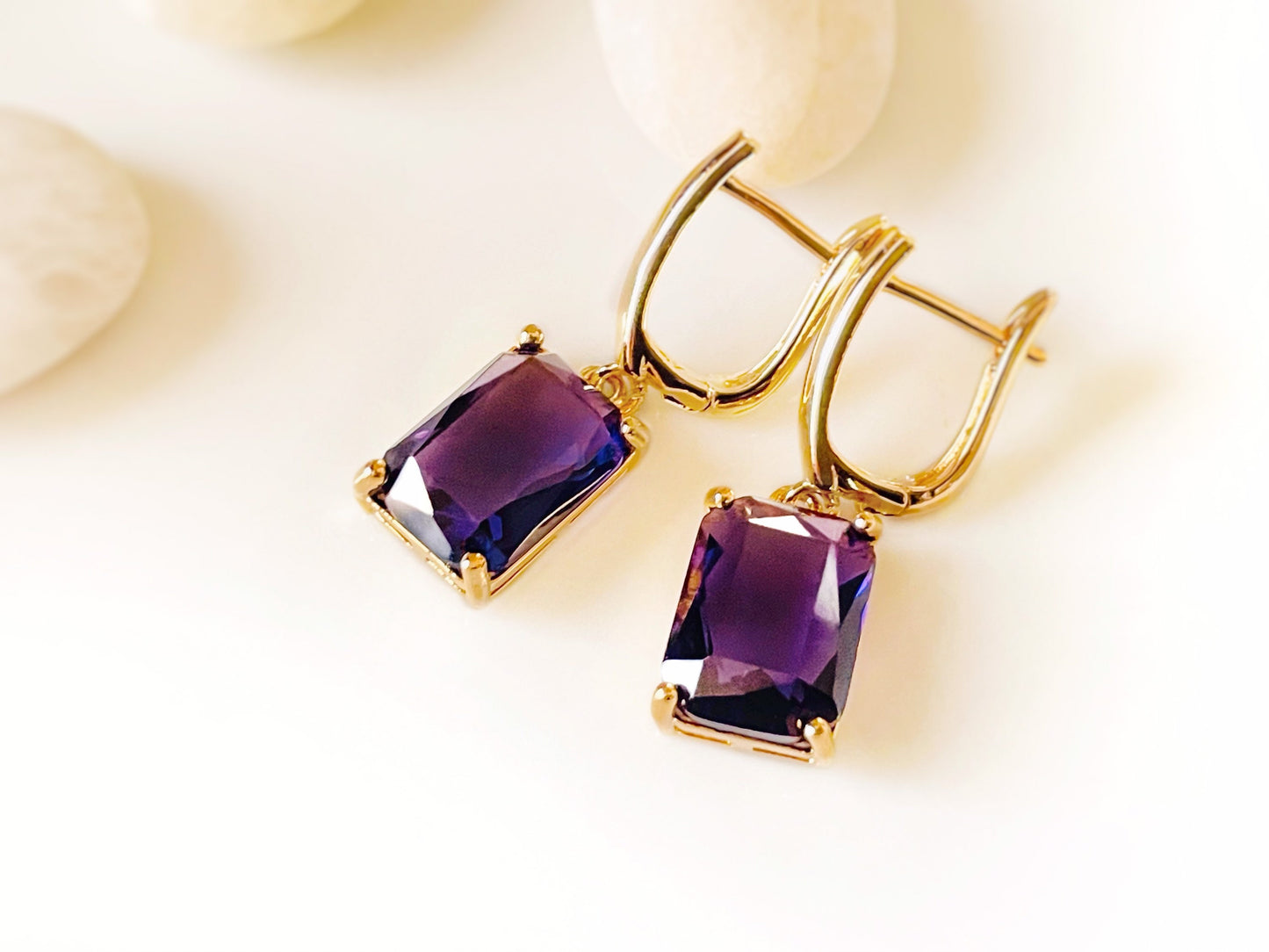 Large emerald cut amethyst dangling earrings, February birthstone gift, purple gemstone drop earrings, gift for her, gift for mom