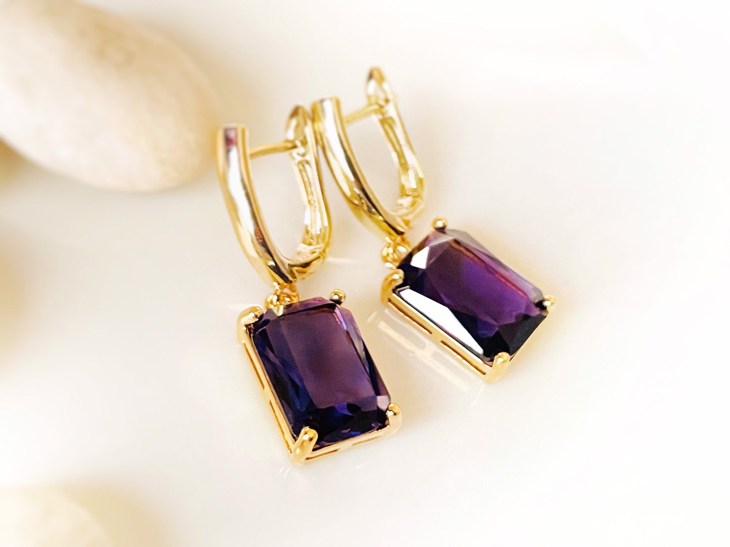 Large emerald cut amethyst dangling earrings, February birthstone gift, purple gemstone drop earrings, gift for her, gift for mom