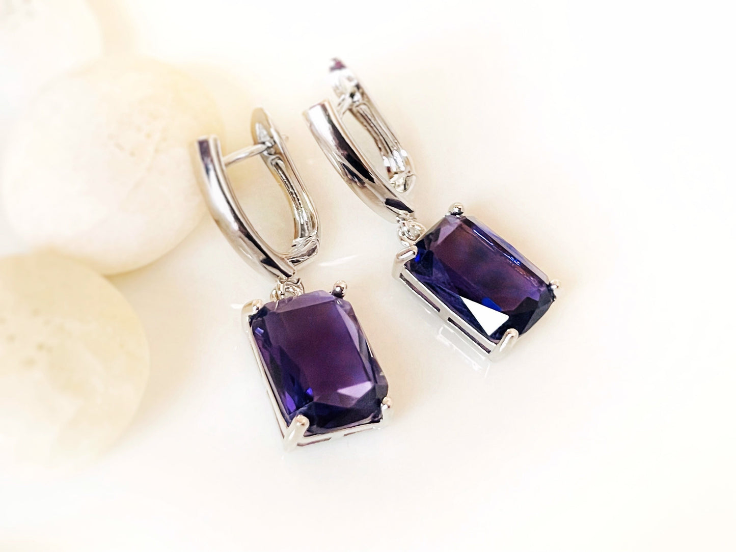 Large emerald cut amethyst dangling earrings, February birthstone gift, purple gemstone drop earrings, gift for her, gift for mom