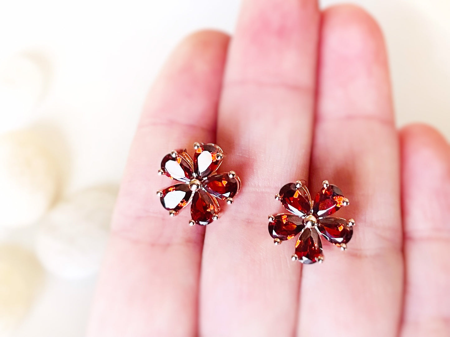 Garnet flower stud earrings rose gold, red gemstone flower studs, gift for her, gift for mom, January birthstone