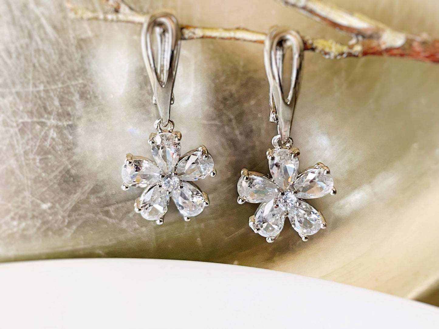 White sapphire flower dangle earrings, white gemstone flower drop earrings, gift for her, gift for mom, bridal earrings, April birthstone