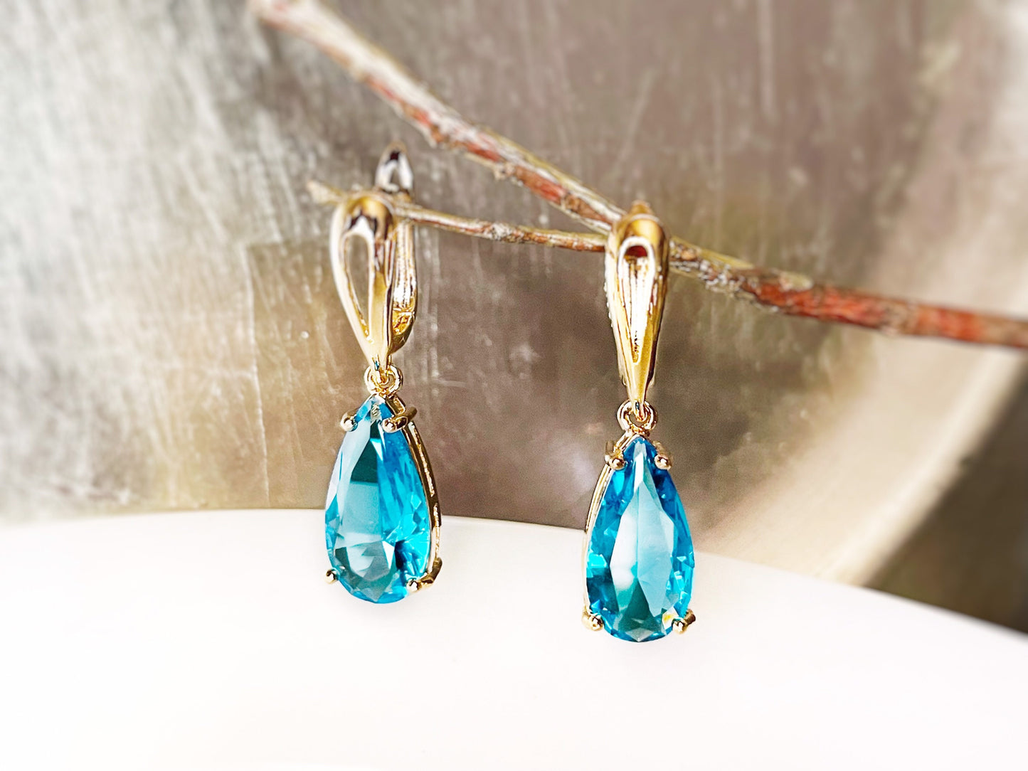 Teardrop blue topaz dangling earring in 14K rose gold, gift for her, gift for mom, December birthstone