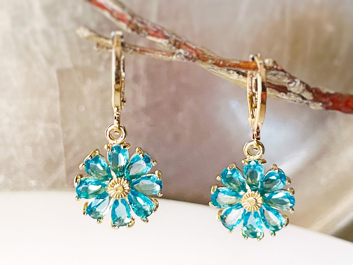 Blue topaz daisy 2pc jewelry set, blue gemstone flower dangle earrings, blue topaz earring necklace gift set, December birthstone gift