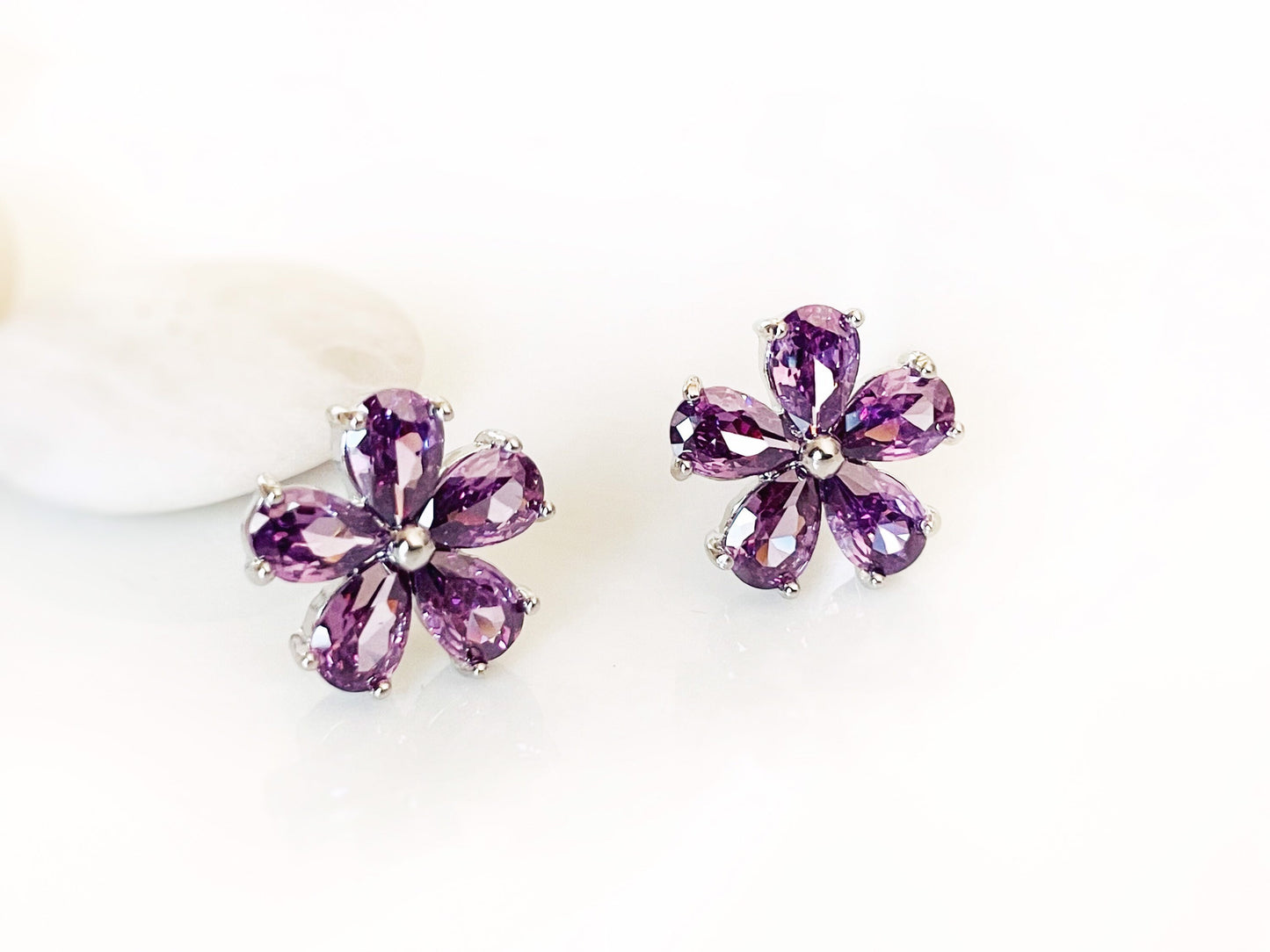 Flower earring studs, white sapphire flower earrings, bridal earrings, gift for her, gift for mom, April birthstone