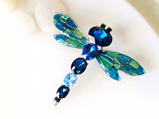 Green blue dragonfly brooch pin, Fancy crystal crystal enameled dragonfly brooch, statement brooch, gift for her, gift for mother