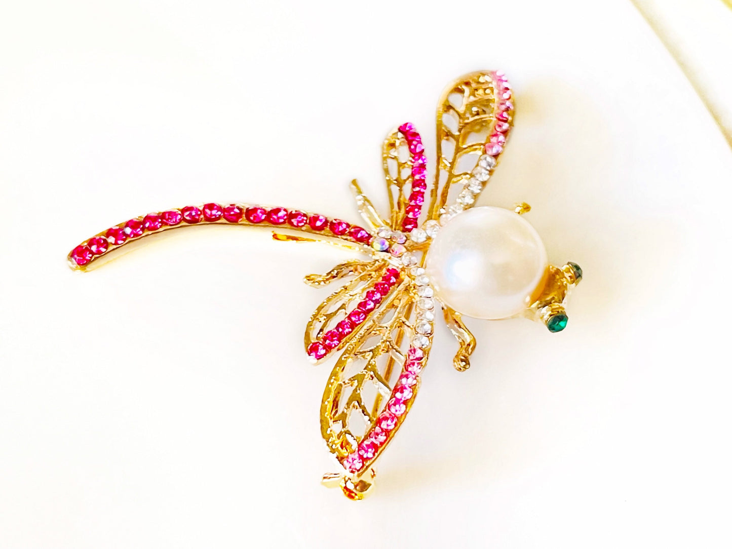 Crystal pearl dragonfly brooch, pink dragonfly crystal pearl brooch pin, gift for her, gift for mom