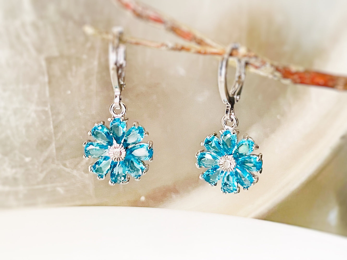 Blue topaz daisy 2pc jewelry set, blue gemstone flower dangle earrings, blue topaz earring necklace gift set, December birthstone gift