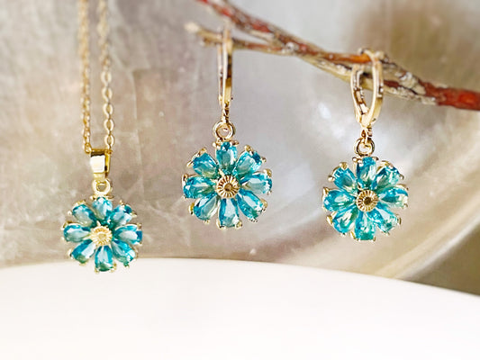 Blue topaz daisy 2pc jewelry set, blue gemstone flower dangle earrings, blue topaz earring necklace gift set, December birthstone gift