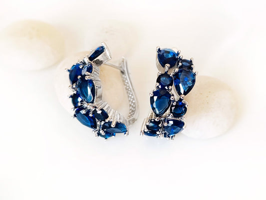 Blue white sapphire statement hoop earrings, blue white gemstone large cluster hoops, September birthstone, gift for mom, gift for her