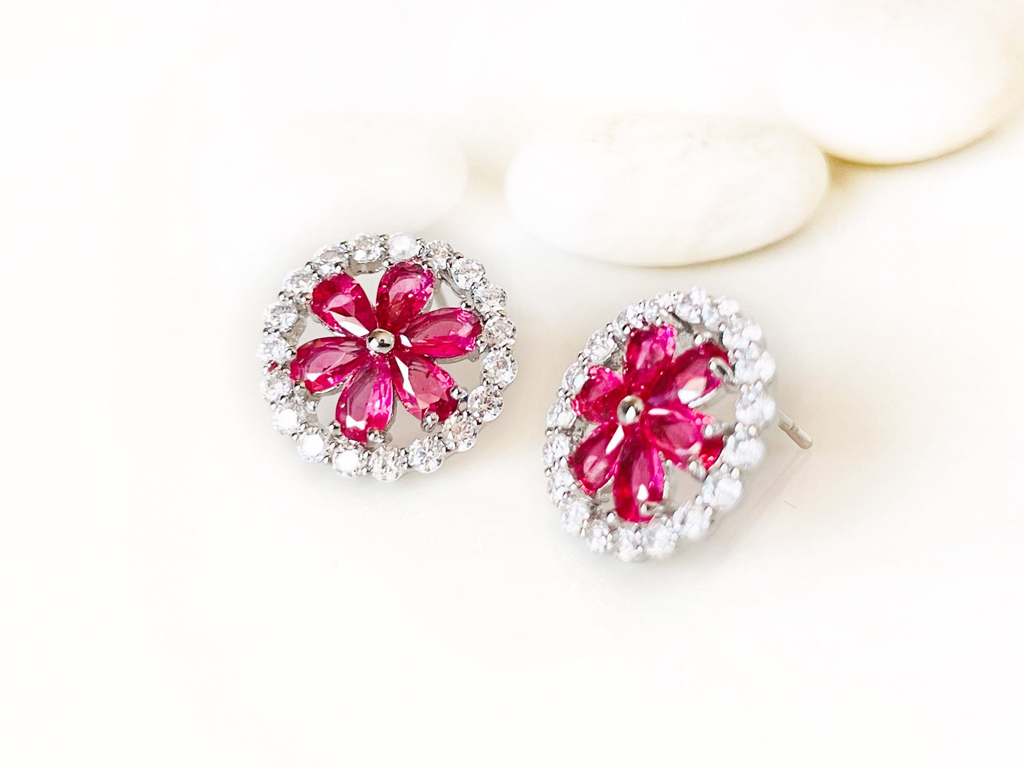 Halo pink tourmaline flower stud earring in 18K white gold, statement pink gemstone flower stud earrings, September birthstone, gift for mom