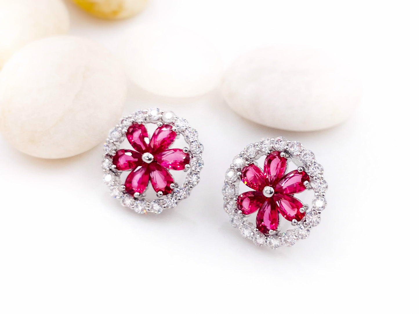 Halo pink tourmaline flower stud earring in 18K white gold, statement pink gemstone flower stud earrings, September birthstone, gift for mom