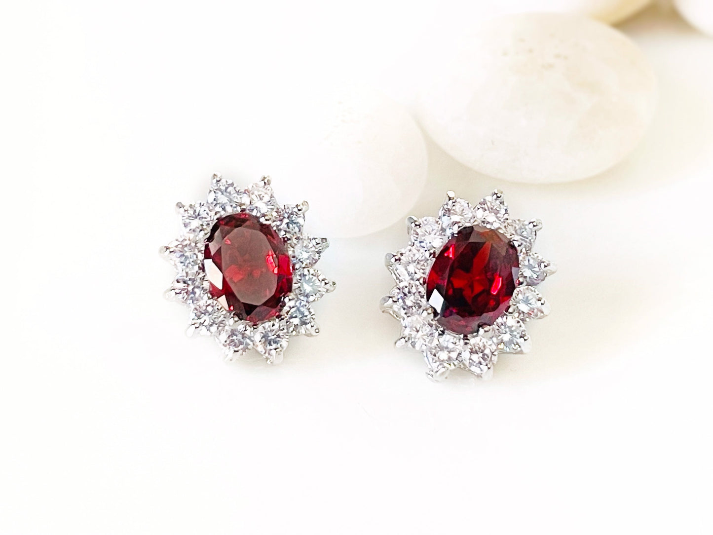 Garnet halo stud earrings, red oval gemstone earring, gift for her, gift for mom, classic red studs, July birthstone earrings