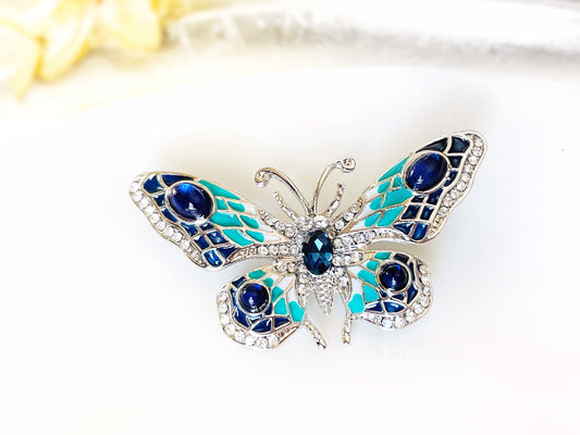 Blue crystal enamel butterfly brooch pin, wedding bouquet brooch. Gift for her, gift for mom