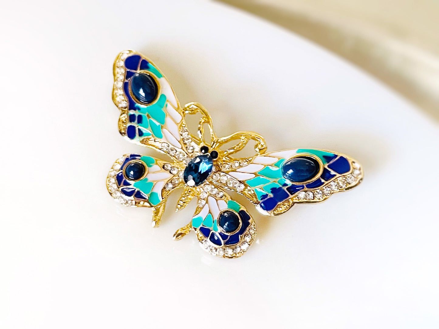 Blue crystal enamel butterfly brooch pin, wedding bouquet brooch. Gift for her, gift for mom