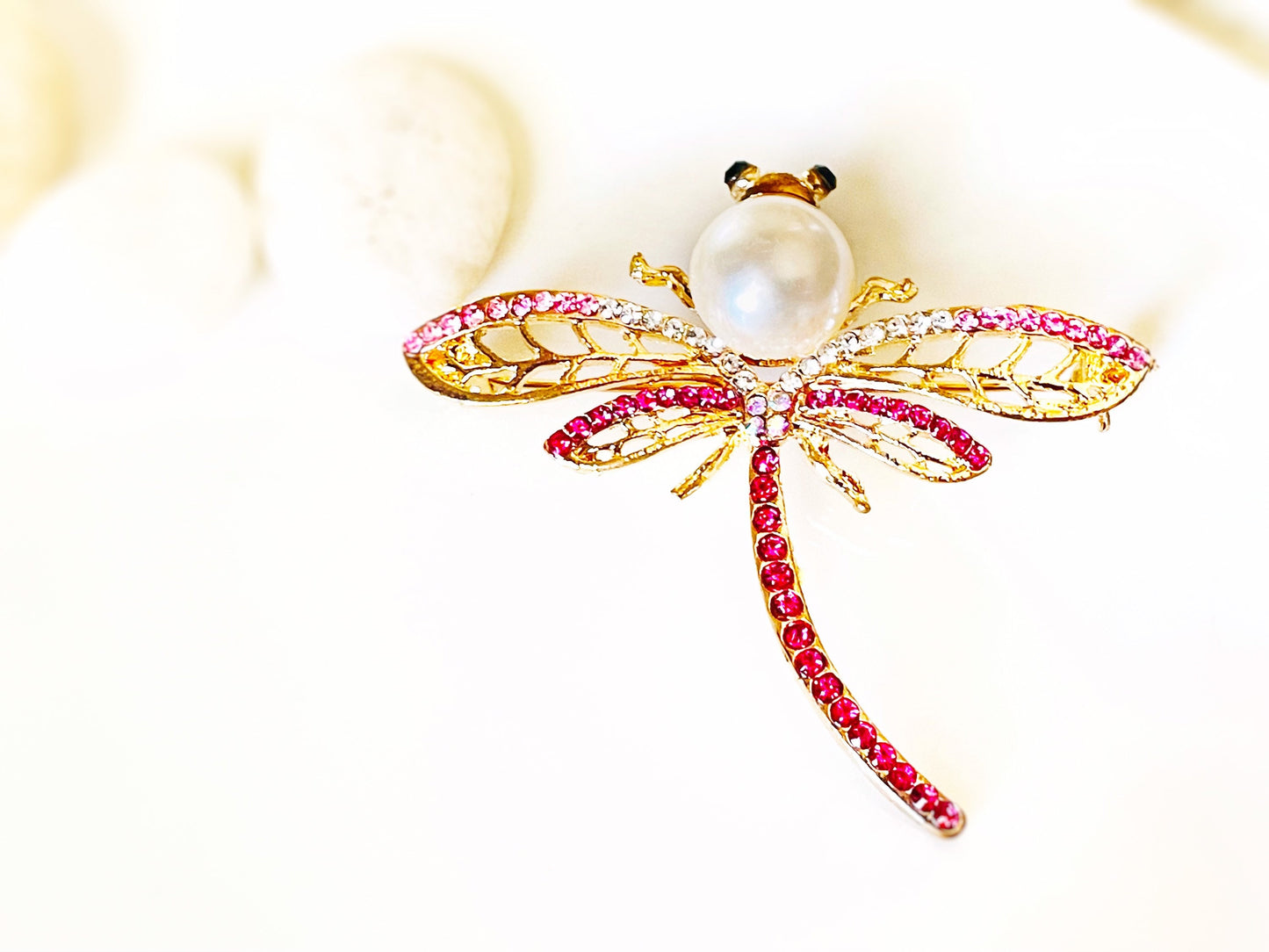 Crystal pearl dragonfly brooch, pink dragonfly crystal pearl brooch pin, gift for her, gift for mom