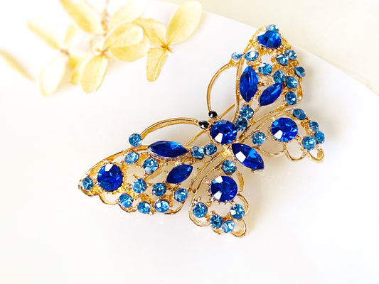 Royal blue crystal butterfly brooch pin gold, large blue crystal butterfly statement brooch, gift for her, gift for mom