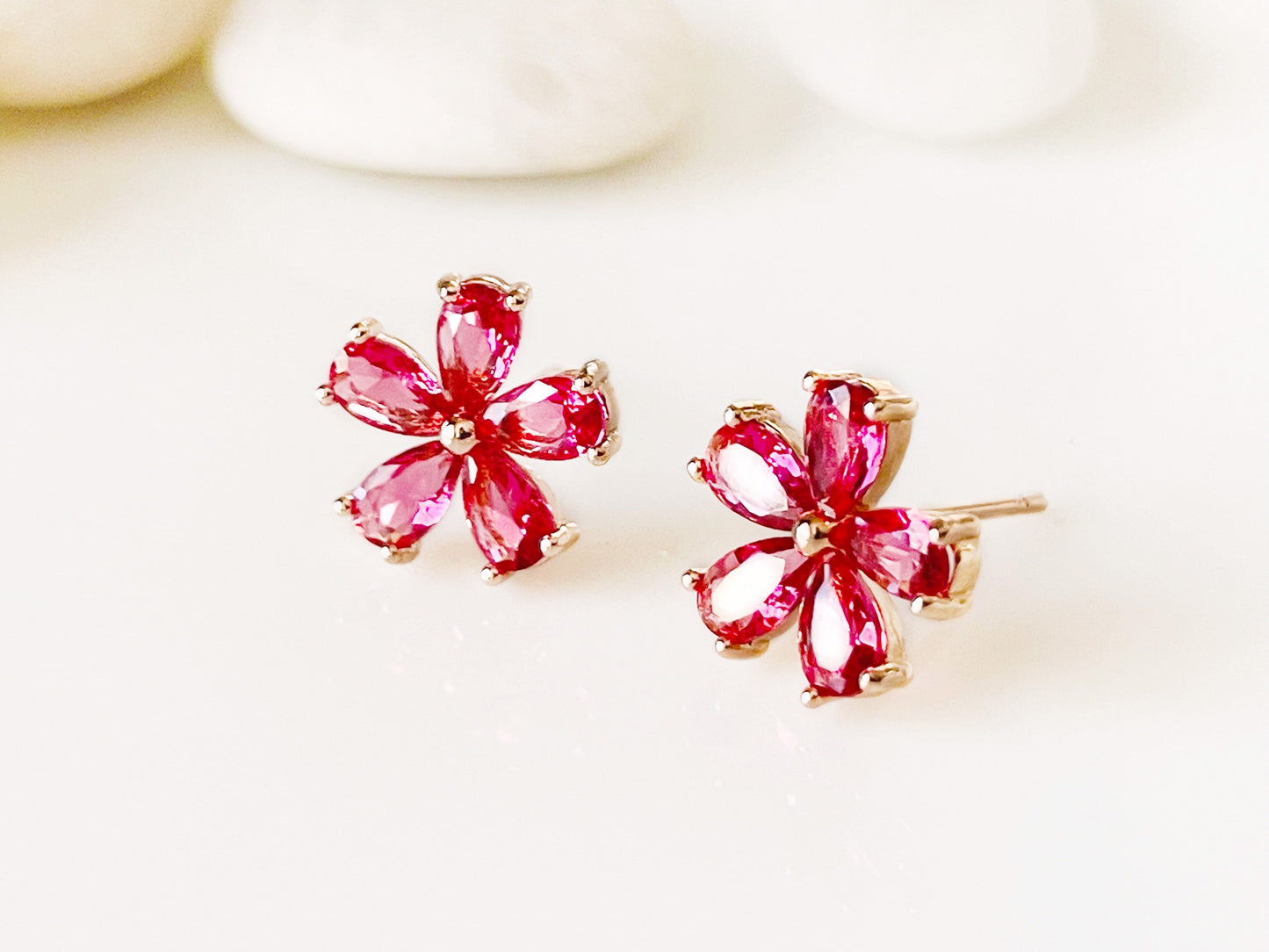 Small pink tourmaline flower stud earrings in rose gold, pink gemstone flower studs, gift for her, gift for girls, October birthstone