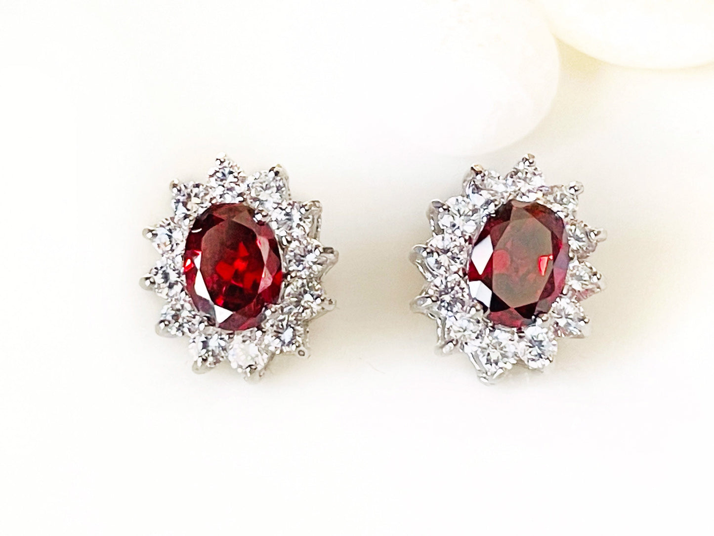 Garnet halo stud earrings, red oval gemstone earring, gift for her, gift for mom, classic red studs, July birthstone earrings