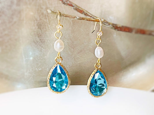 Teardrop blue topaz pearl long dangle earrings gold, blue pearl bridal earrings gold, bridesmaid earrings, gift for her, December birthstone