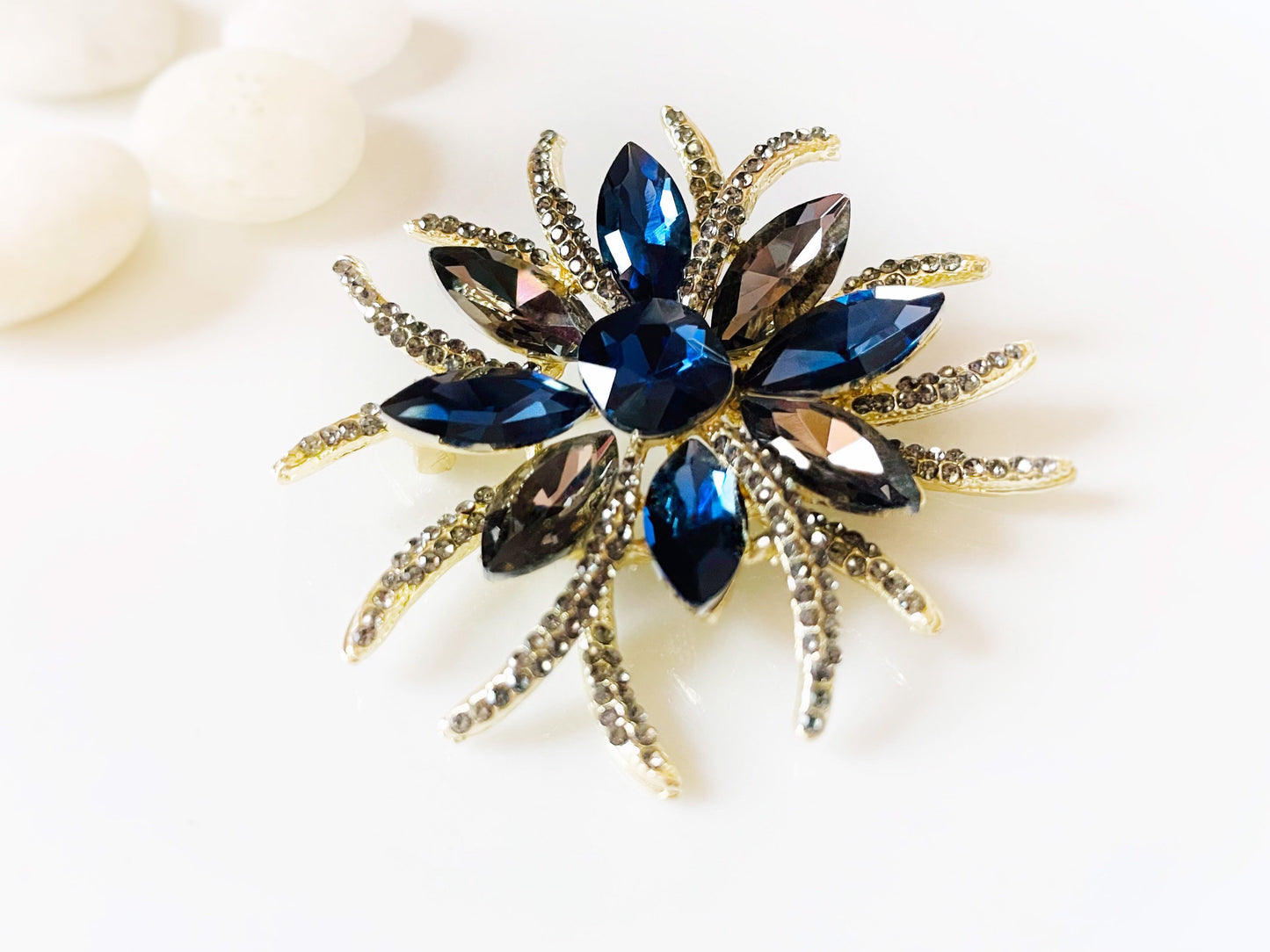 Starburst crystal  brooch pendant, blue grey crystal statement brooch, large sapphire blue grey crystal brooch, gift for mom