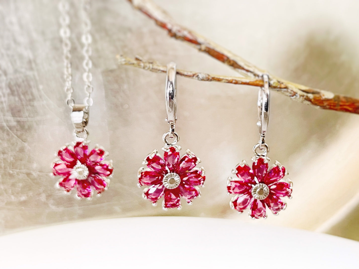 Pink tourmaline daisy 2pc jewelry set, pink gemstone flower