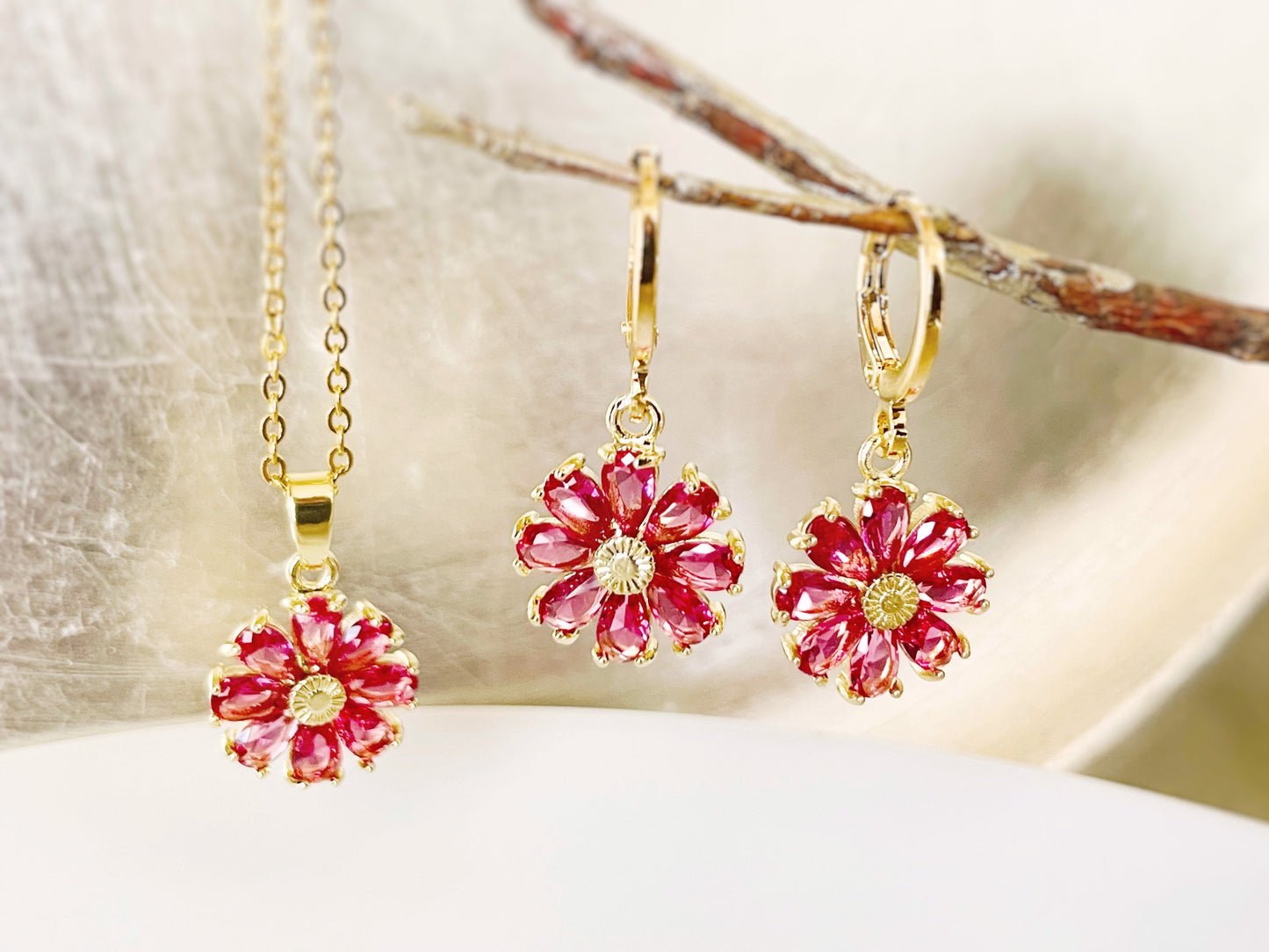 Pink tourmaline daisy 2pc jewelry set, pink gemstone flower