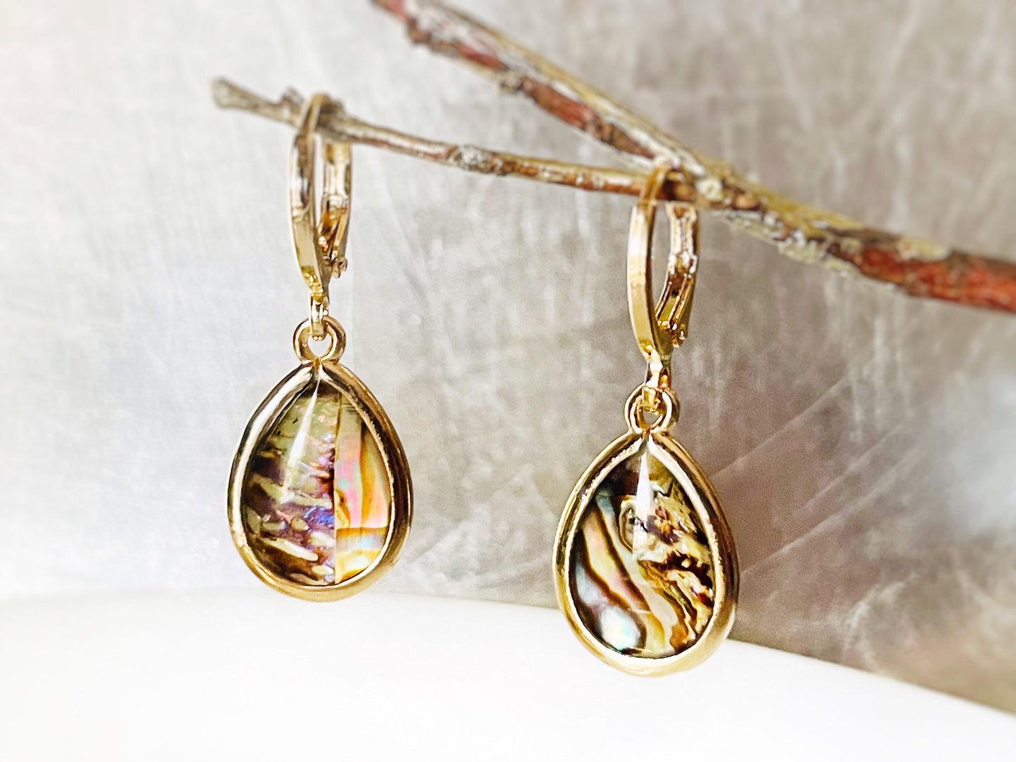 Teardrop white abalone dangle earring 14K gold, ivory abalone drop huggie earrings, gift mom, give for her