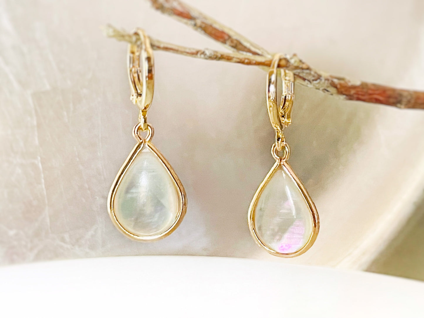 Teardrop white abalone dangle earring 14K gold, ivory abalone drop huggie earrings, gift mom, give for her