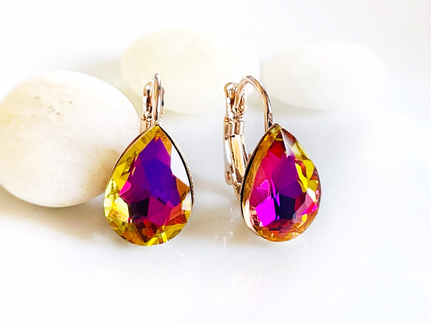 Volcano Fancy crystal Stud earrings, fancy crystal lever back, yellow pink crystal solitaire, gift for mom, bridal earrings