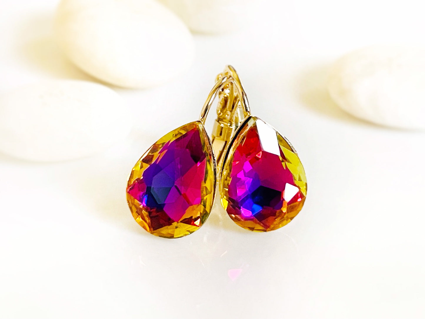 Volcano Fancy crystal Stud earrings, fancy crystal lever back, yellow pink crystal solitaire, gift for mom, bridal earrings