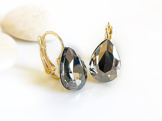 Black Diamond Fancy crystal  Stud earrings, teardrop fancy crystal studs, black solitaire stud lever backs, gift for mom, bridal earrings