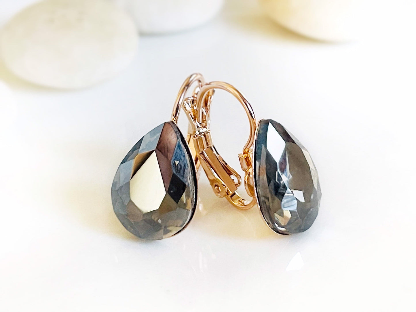 Black Diamond Fancy crystal  Stud earrings, teardrop fancy crystal studs, black solitaire stud lever backs, gift for mom, bridal earrings