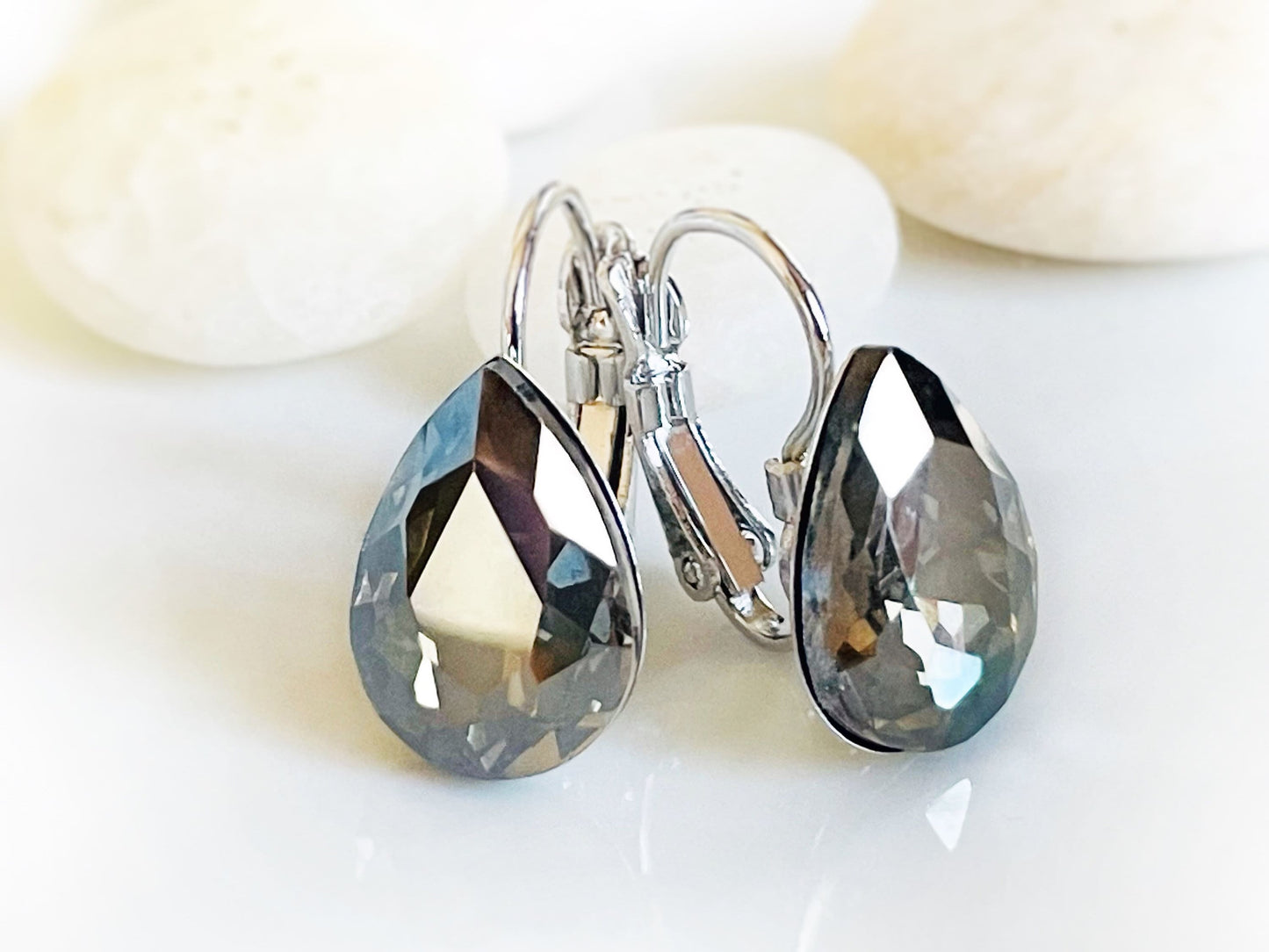 Black Diamond Fancy crystal  Stud earrings, teardrop fancy crystal studs, black solitaire stud lever backs, gift for mom, bridal earrings