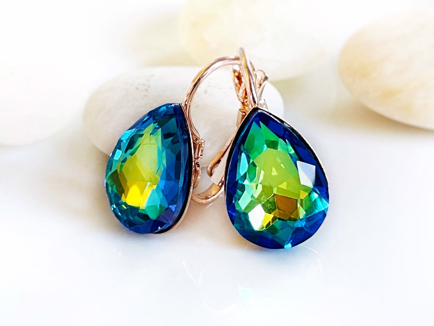 Teardrop fancy crystal Stud earrings, fancy crystal stud lever back, green blue crystal solitaire, gift for mom, bridal earrings