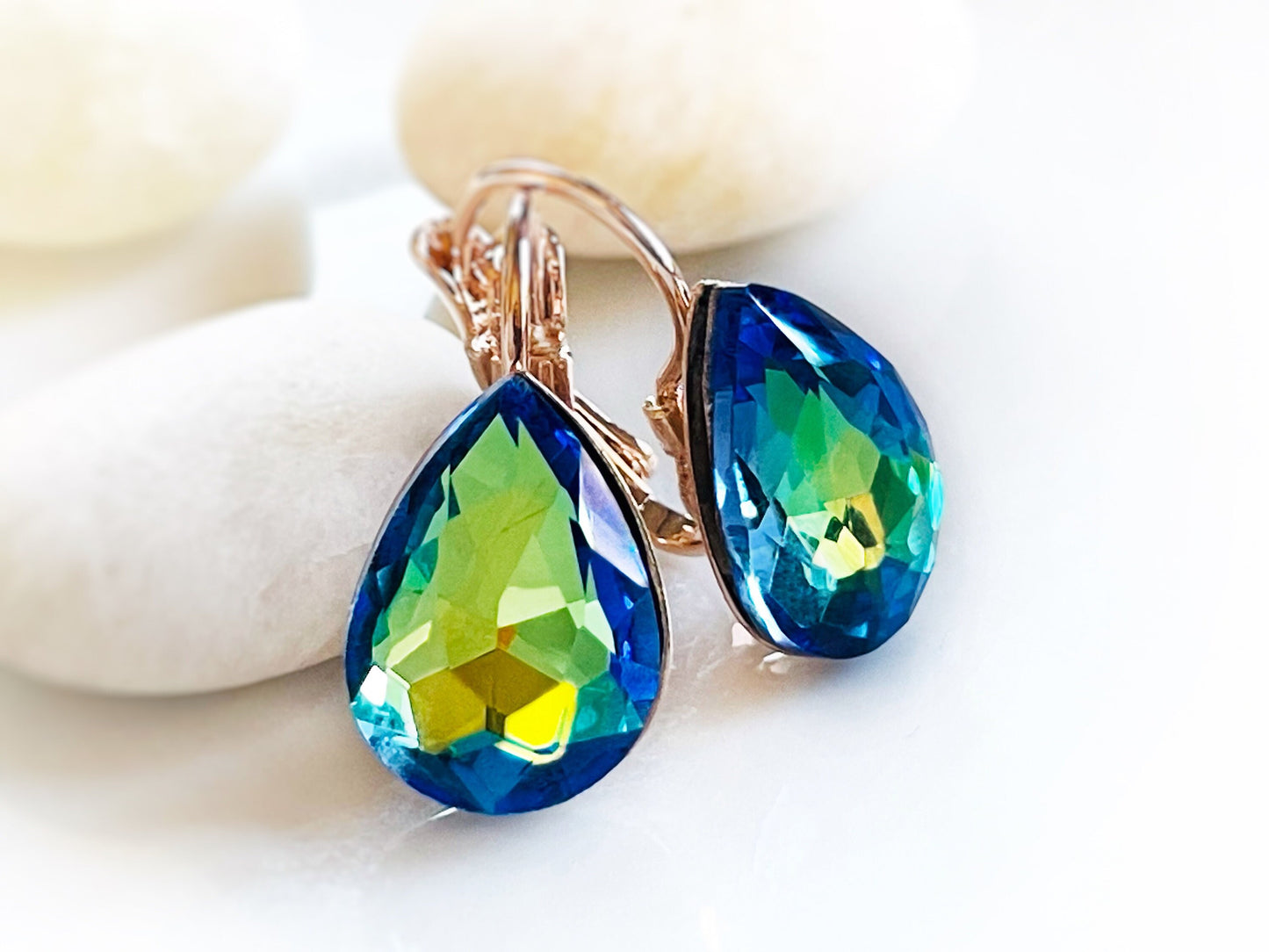 Teardrop fancy crystal Stud earrings, fancy crystal stud lever back, green blue crystal solitaire, gift for mom, bridal earrings