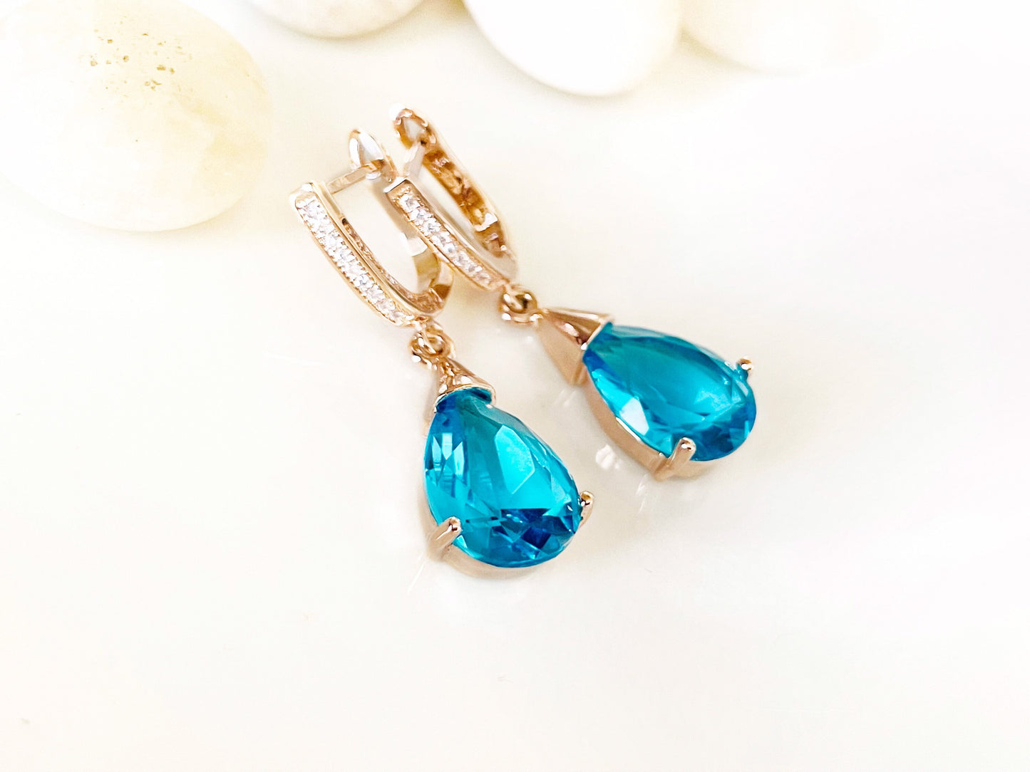 Teardrop blue topaz gemstone dangle earring, blue bridal party earrings, gift for her, gift for mom, December birthstone