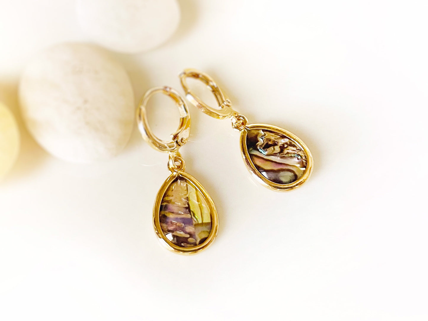 Teardrop white abalone dangle earring 14K gold, ivory abalone drop huggie earrings, gift mom, give for her