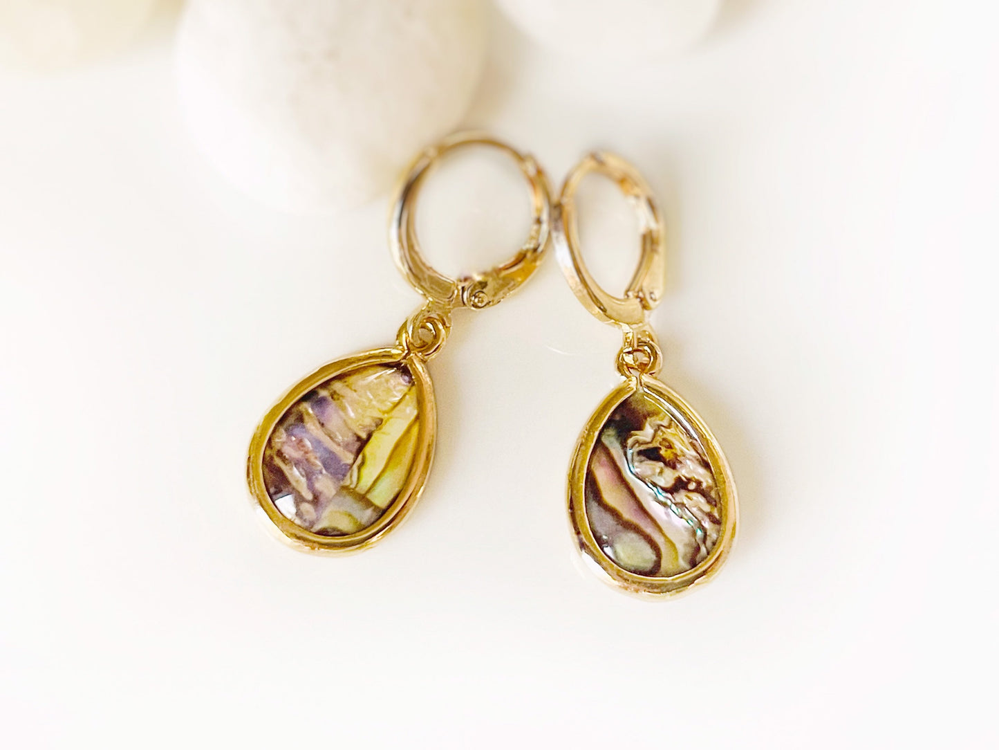 Teardrop white abalone dangle earring 14K gold, ivory abalone drop huggie earrings, gift mom, give for her