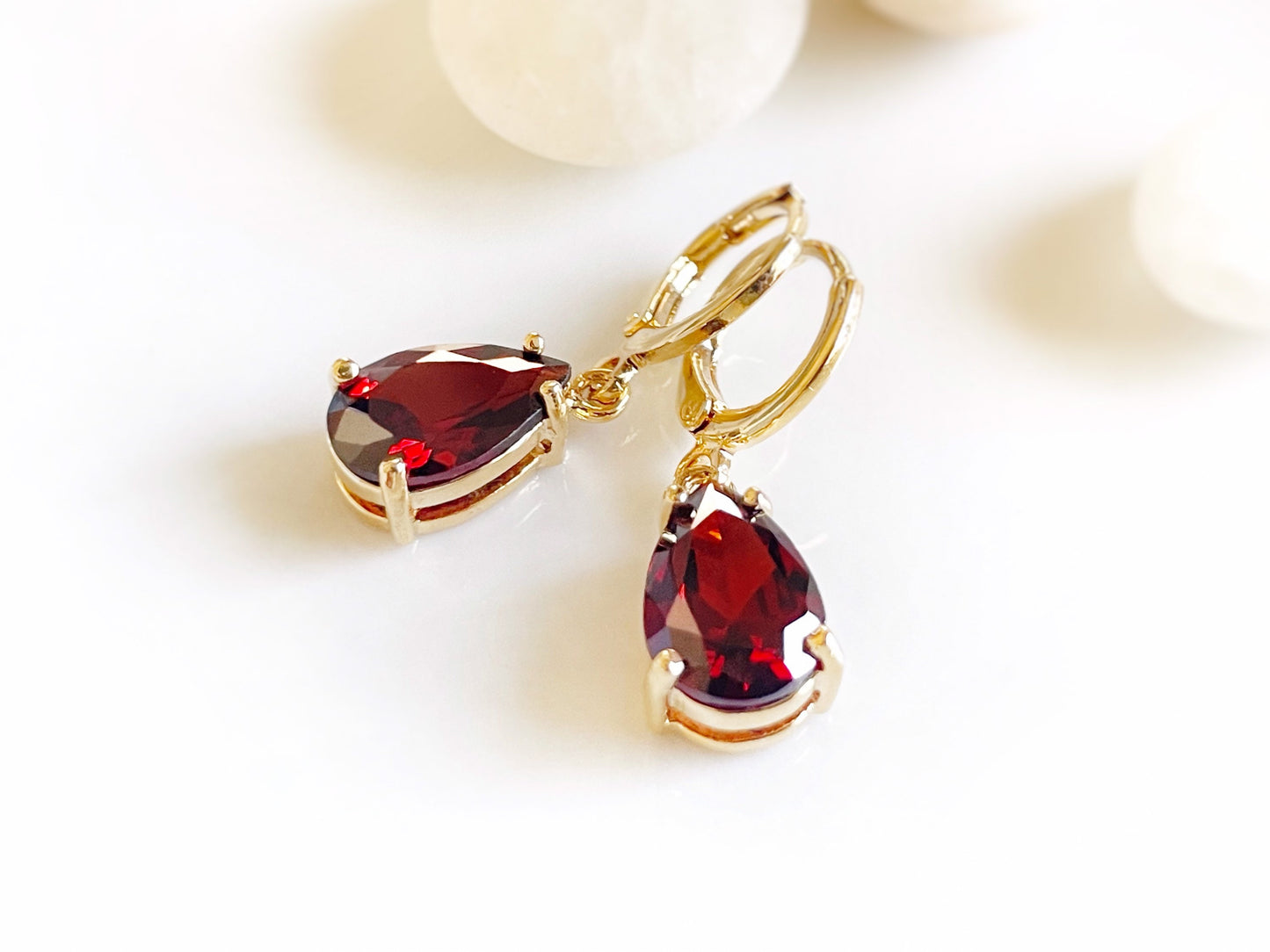 Teardrop garnet dangle earrings, red gemstone drop earrings, January birthstone, gift for her, gift for mom